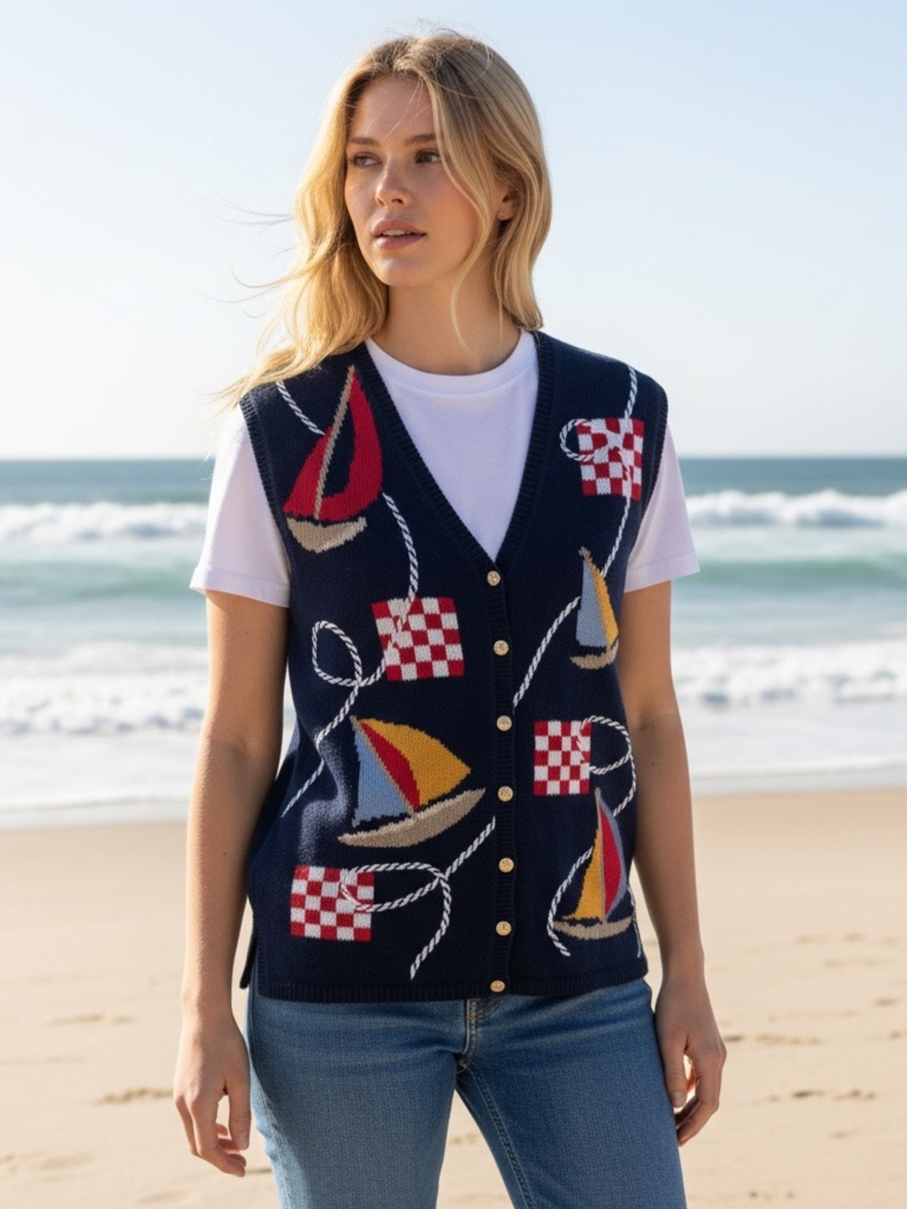 Nautical Sailboat Knit Button Vest - flags & rope - vintage women’s large